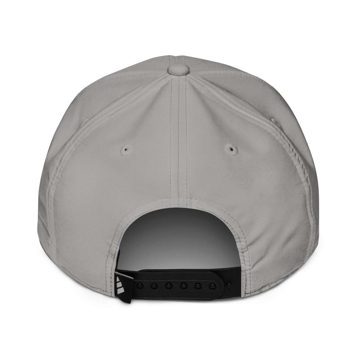 Rear view of a grey Adidas performance cap featuring adjustable strap and embroidered Adidas logo on the back.