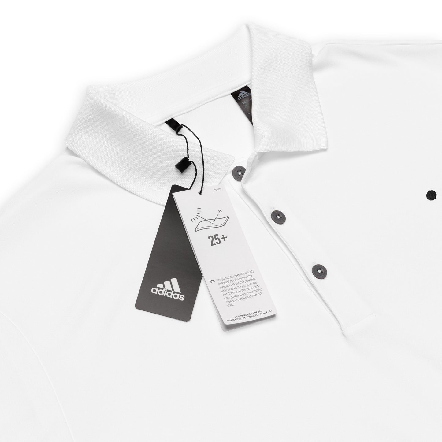 Detailed product image of a white adidas® Men's Pickleball Performance Polo Shirt showcasing the three-button placket and adidas® logo, reflecting advanced sportswear technology.