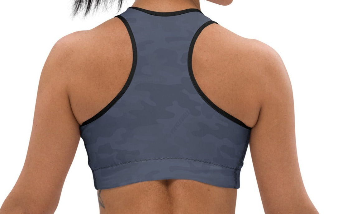 Detailed back view of the Urban Gray Camo Pickleball Padded Sports Bra, highlighting its racerback design and supportive shoulder straps. The image emphasizes the four-way stretch fabric and mesh lining, ensuring comfort and breathability during intense pickleball games.