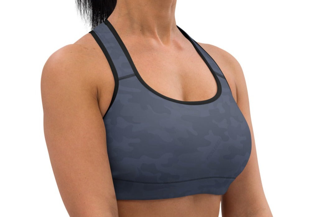 Detailed close-up front view of the Urban Gray Camo Pickleball Padded Sports Bra, showcasing its scoop neckline, sleek camo print design, and seamless construction. The bra provides a secure fit with wide elastic under the bust for added support.