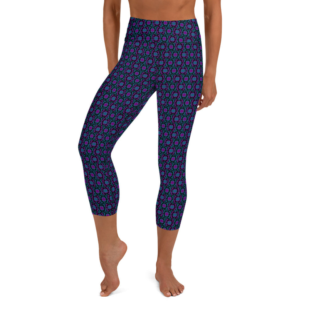 "Front view of Purple Playmaker Pickleball Yoga Capri Leggings worn by a model, emphasizing the comfortable high waistband and vibrant pattern. A stylish choice for active women in sports and fitness