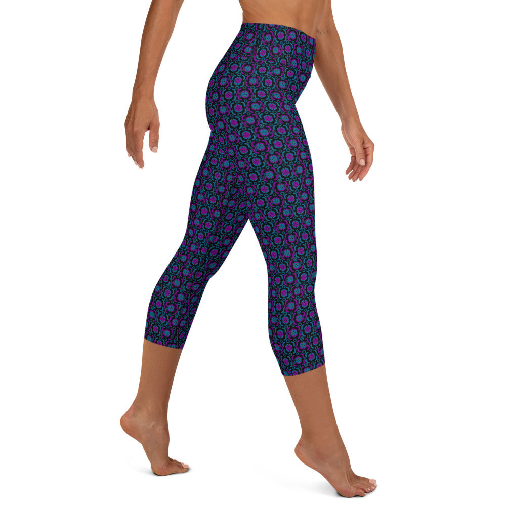 Athletic woman wearing Purple Playmaker Pickleball Yoga Capri Leggings, showcasing the vibrant purple and magenta circle pattern on the right side. Ideal for pickleball players and yoga enthusiasts seeking style and comfort.