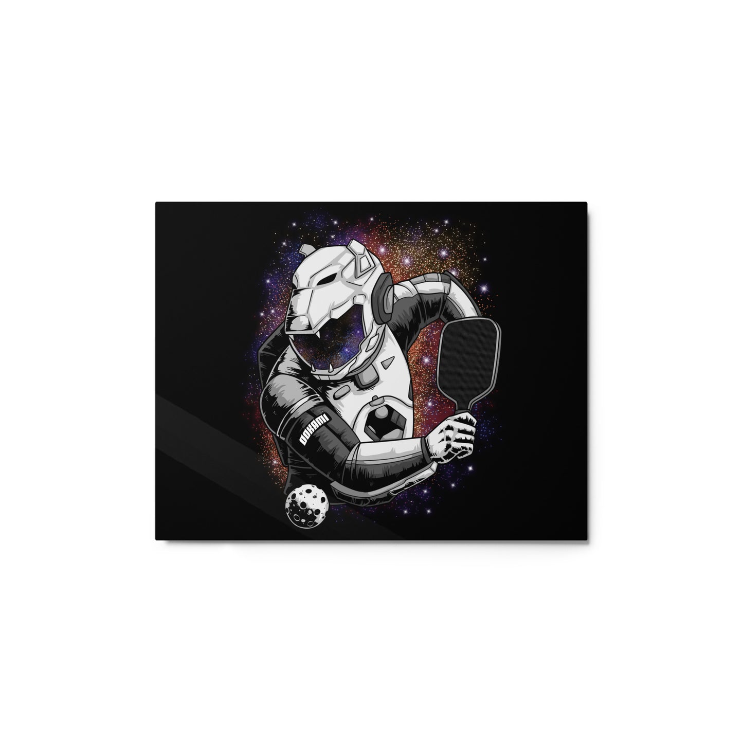 Glossy metal print featuring a futuristic pickleball warrior in a cosmic background, size 11x14 inches.