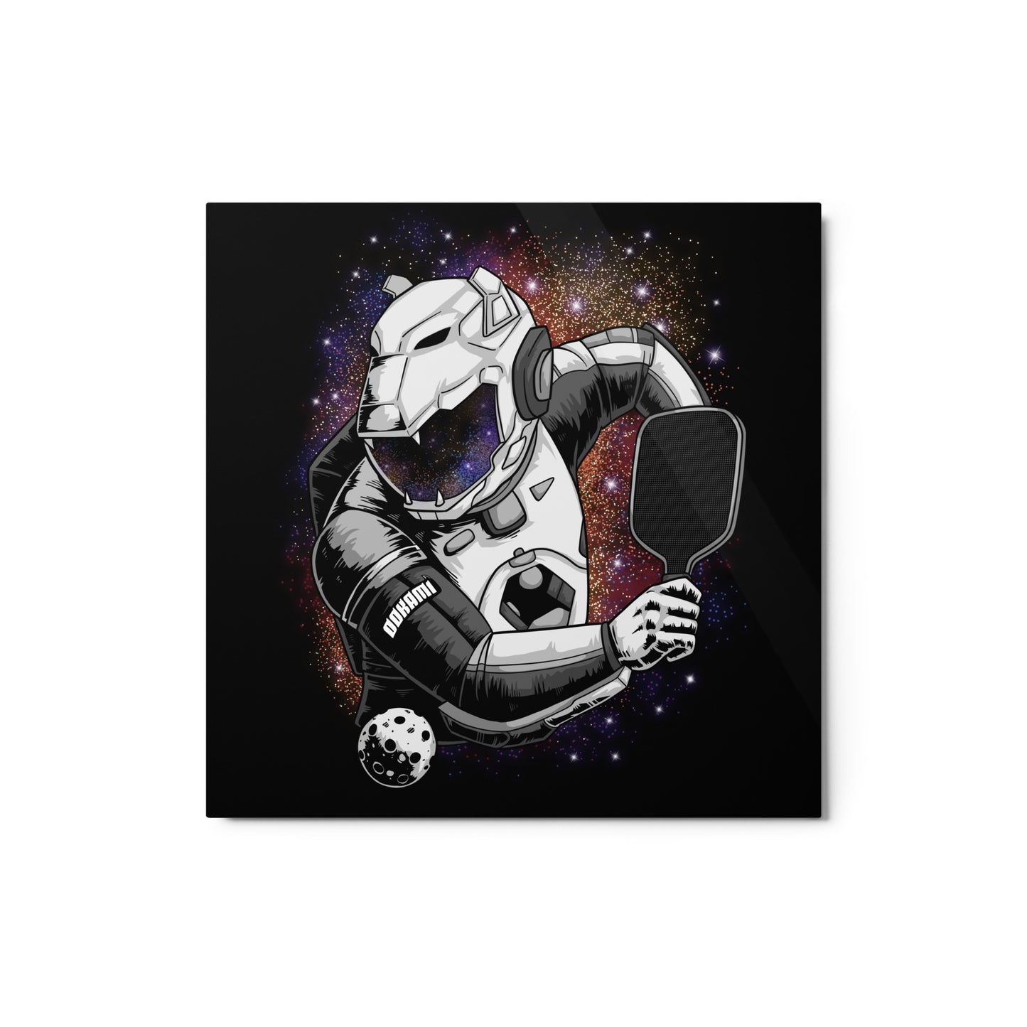 Glossy metal print featuring a futuristic pickleball warrior in a cosmic background, size 12x12 inches.