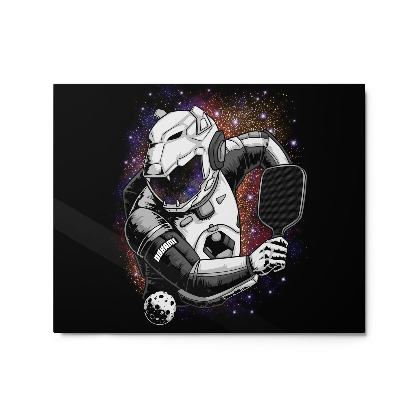 Glossy metal print featuring a futuristic pickleball warrior in a cosmic background, size 16x20 inches.