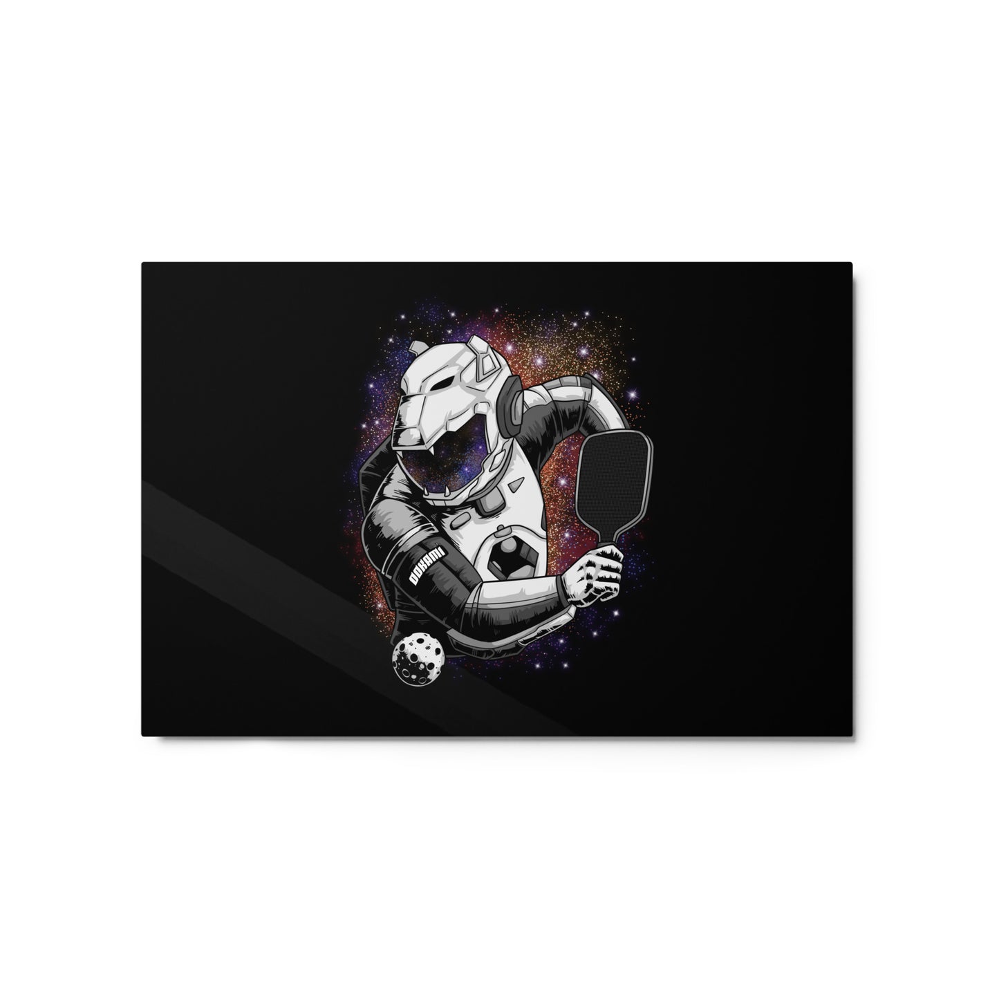 Glossy metal print featuring a futuristic pickleball warrior in a cosmic background, size 20x30 inches.