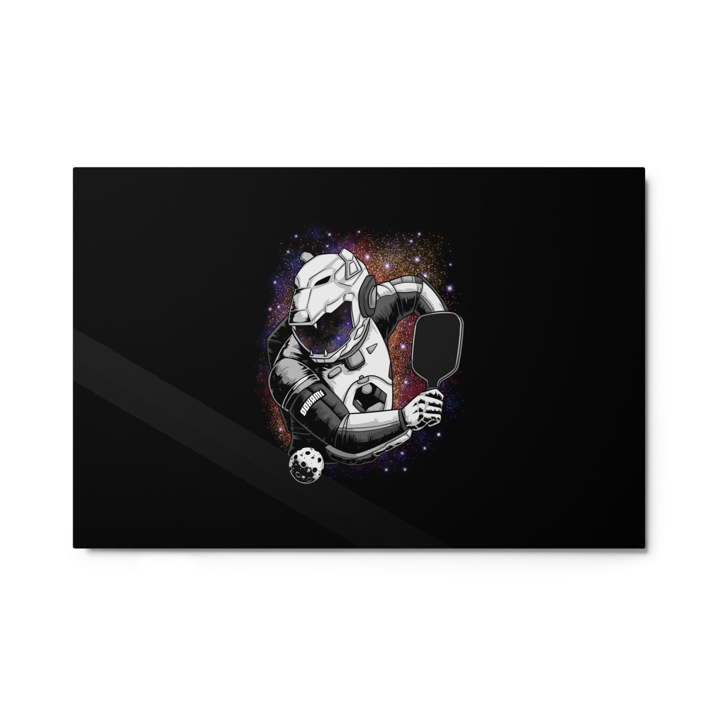 Glossy metal print featuring a futuristic pickleball warrior in a cosmic background, size 24x36 inches.
