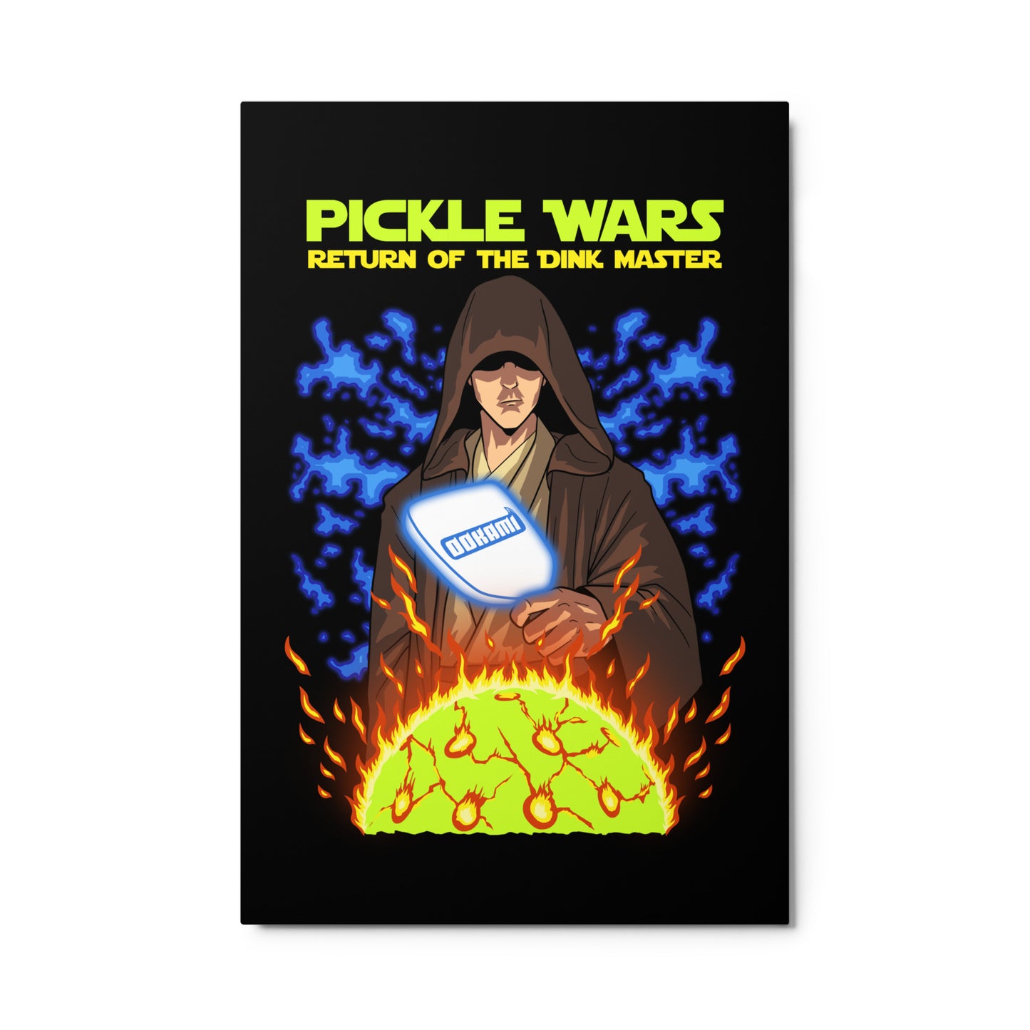 Glossy metal print (24x36) featuring a Jedi master holding a glowing pickleball paddle with the text 'Pickle Wars: Return of the Dink Master