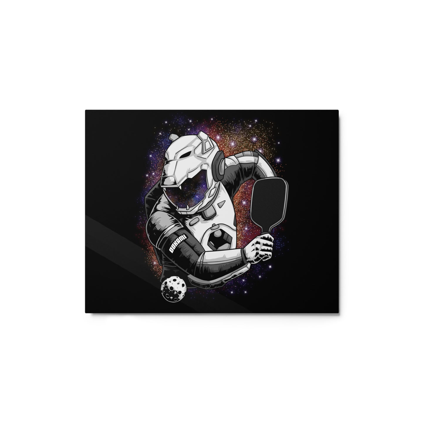Glossy metal print featuring a futuristic pickleball warrior in a cosmic background, size 8x10 inches.