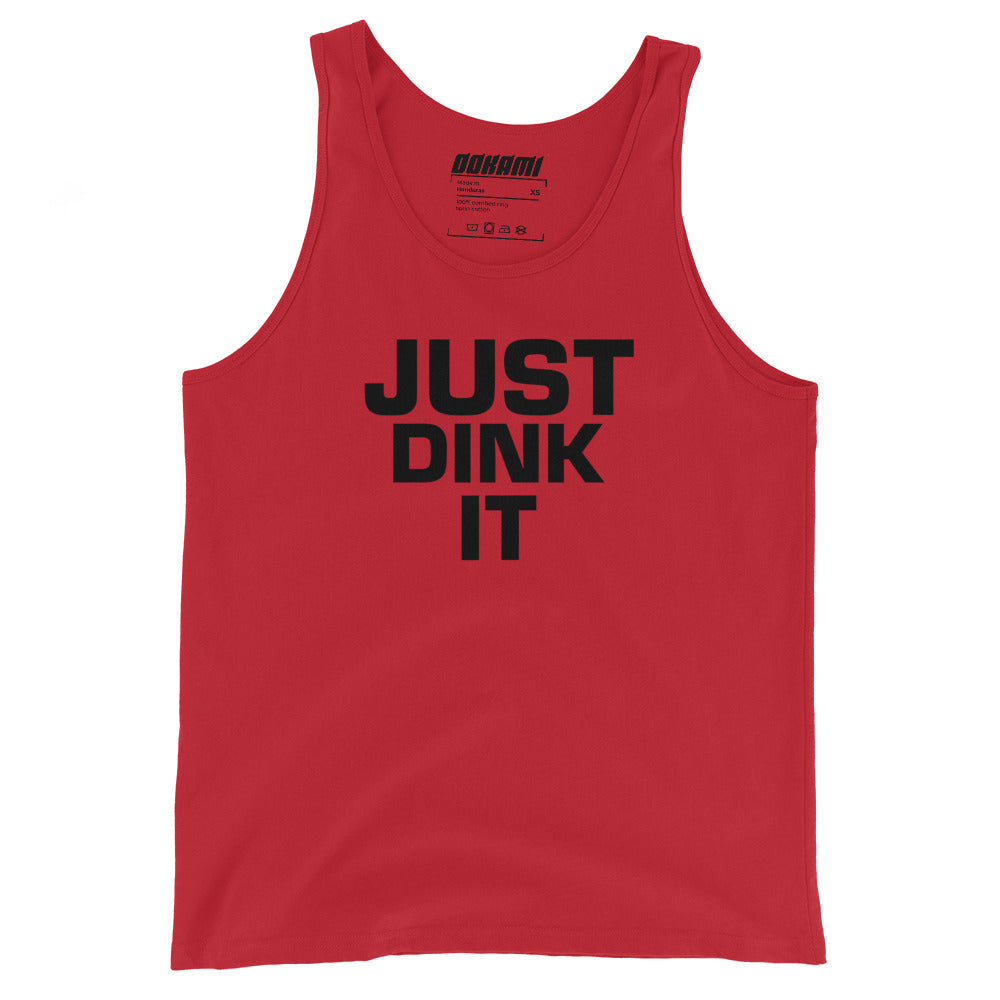 Red JUST DINK IT tank top from OOKAMI SPORTS, displaying the front graphic.