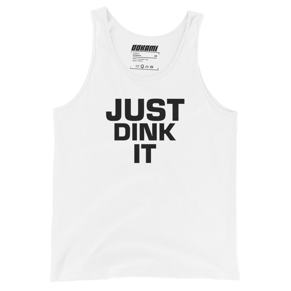 White JUST DINK IT tank top from OOKAMI SPORTS, displaying the front graphic.