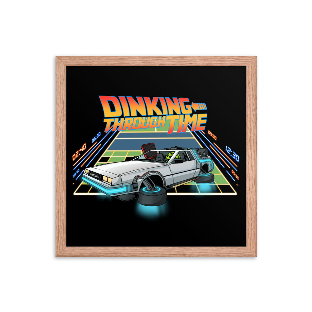 Dinking Through Time pickleball poster in a red oak frame, size 14x14 inches.