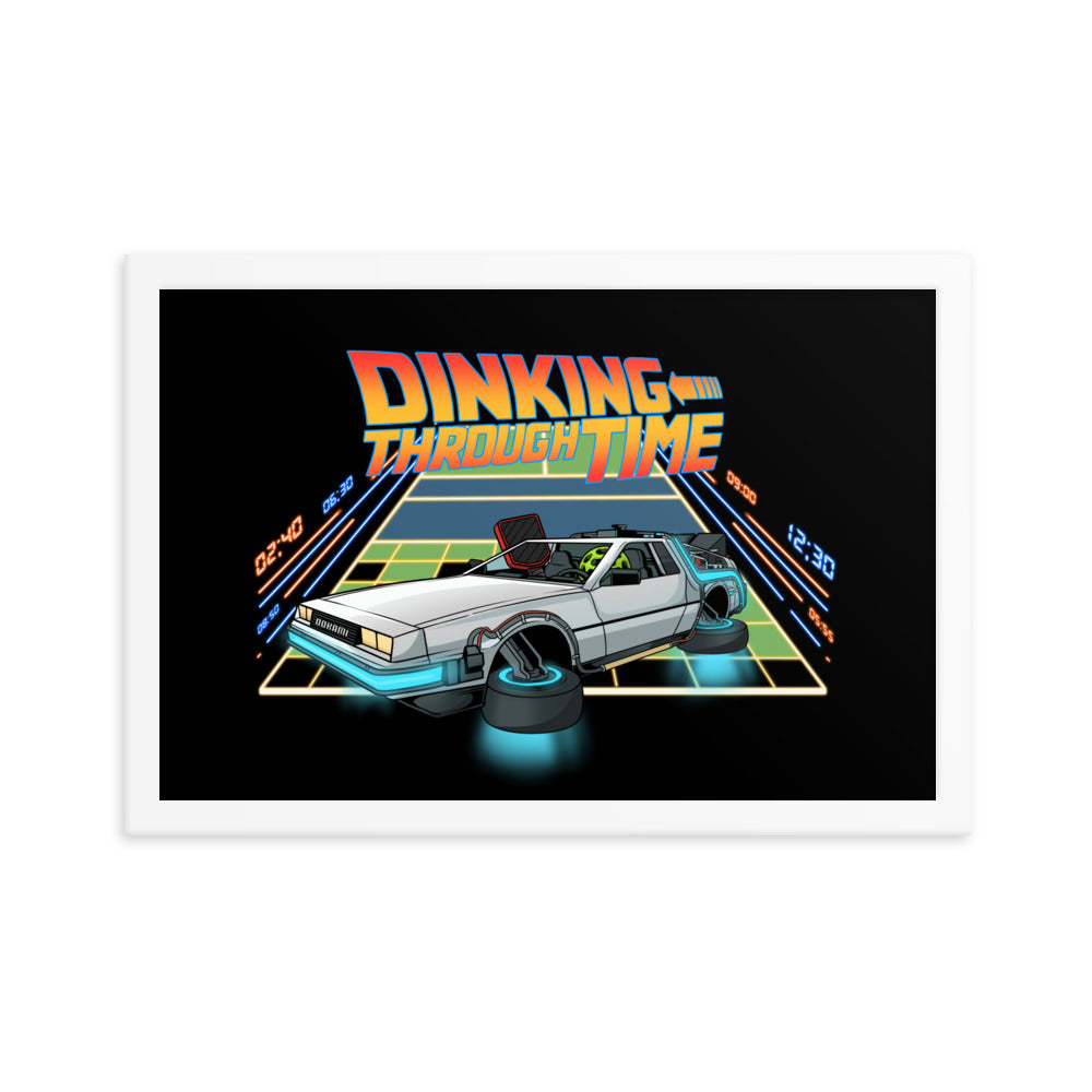 Dinking Through Time pickleball-themed framed poster in white frame, 12x18 inches.