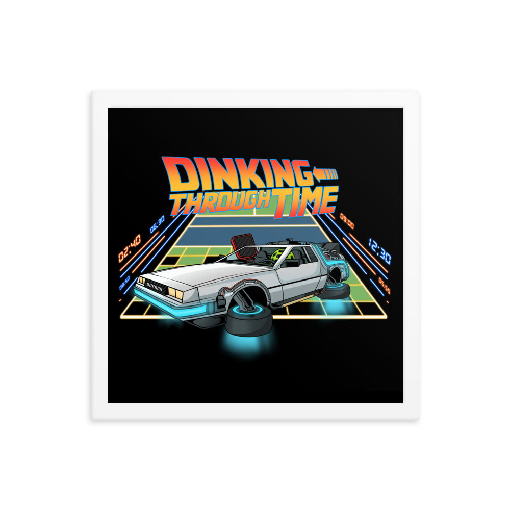 14x14 framed poster of 'Dinking Through Time' with a pickleball-themed DeLorean car inspired by Back to the Future, in a white frame.