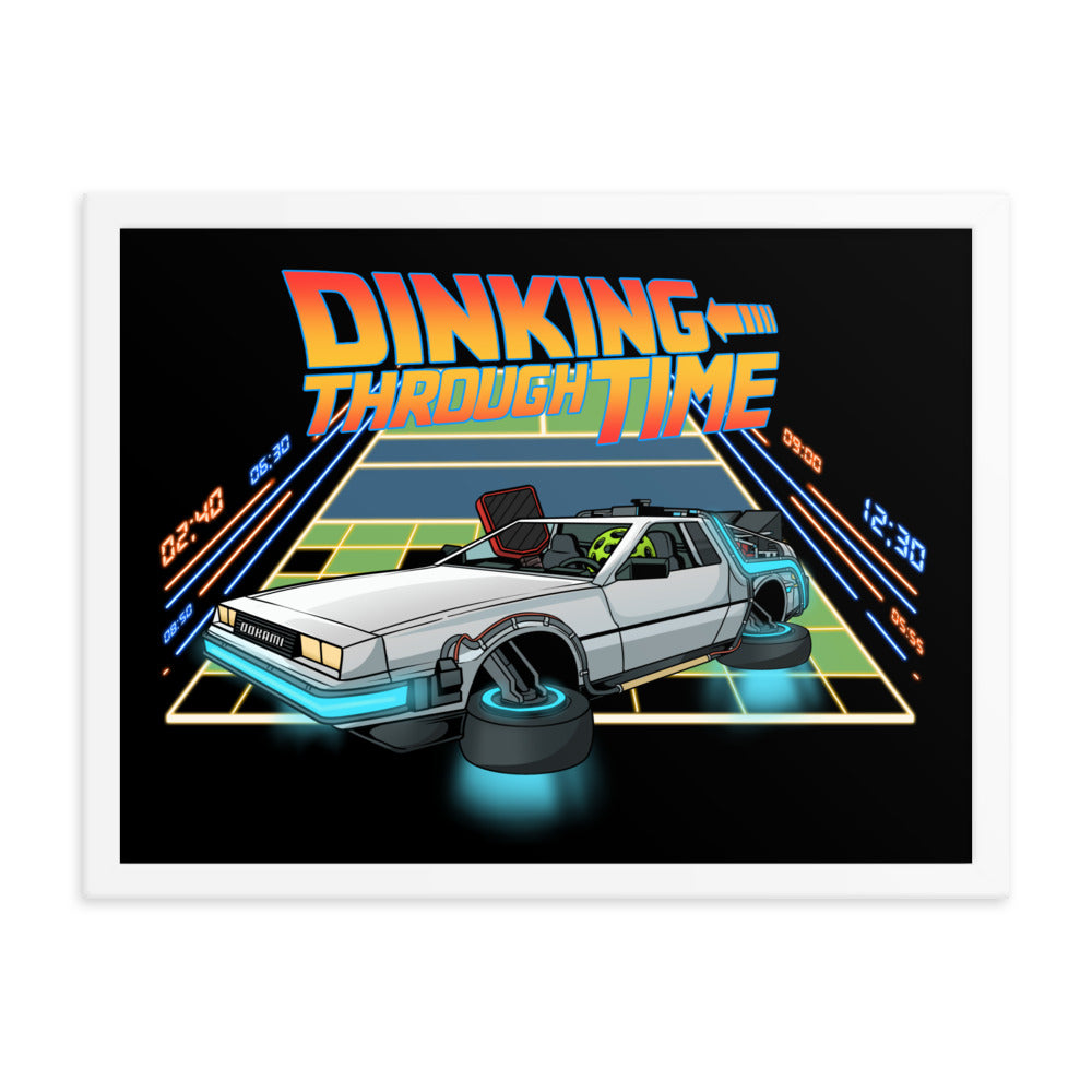 18x24 framed poster of 'Dinking Through Time' with a pickleball-themed DeLorean car inspired by Back to the Future, in a white frame.