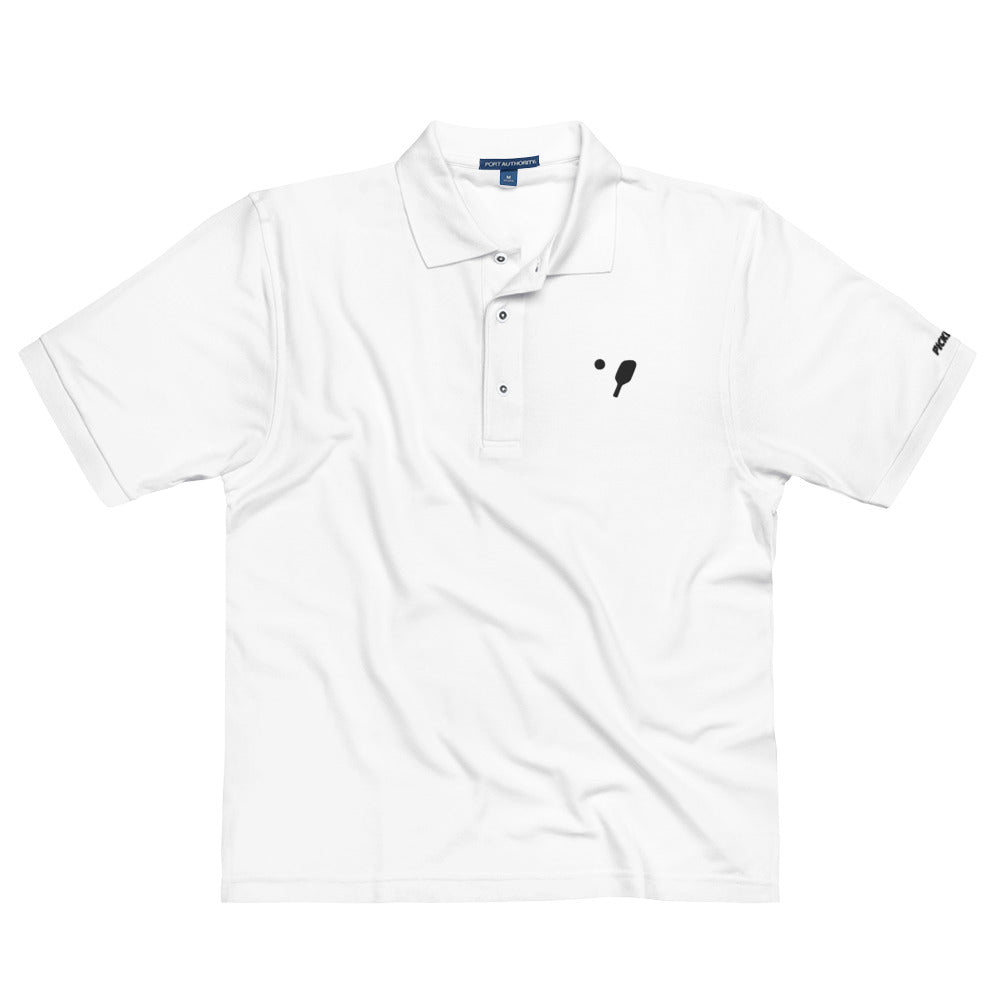 Front view of a White OOKAMI SPORTS Men's Premium Pickleball Polo Shirt, highlighting its relaxed fit that runs large and detailed embroidery.