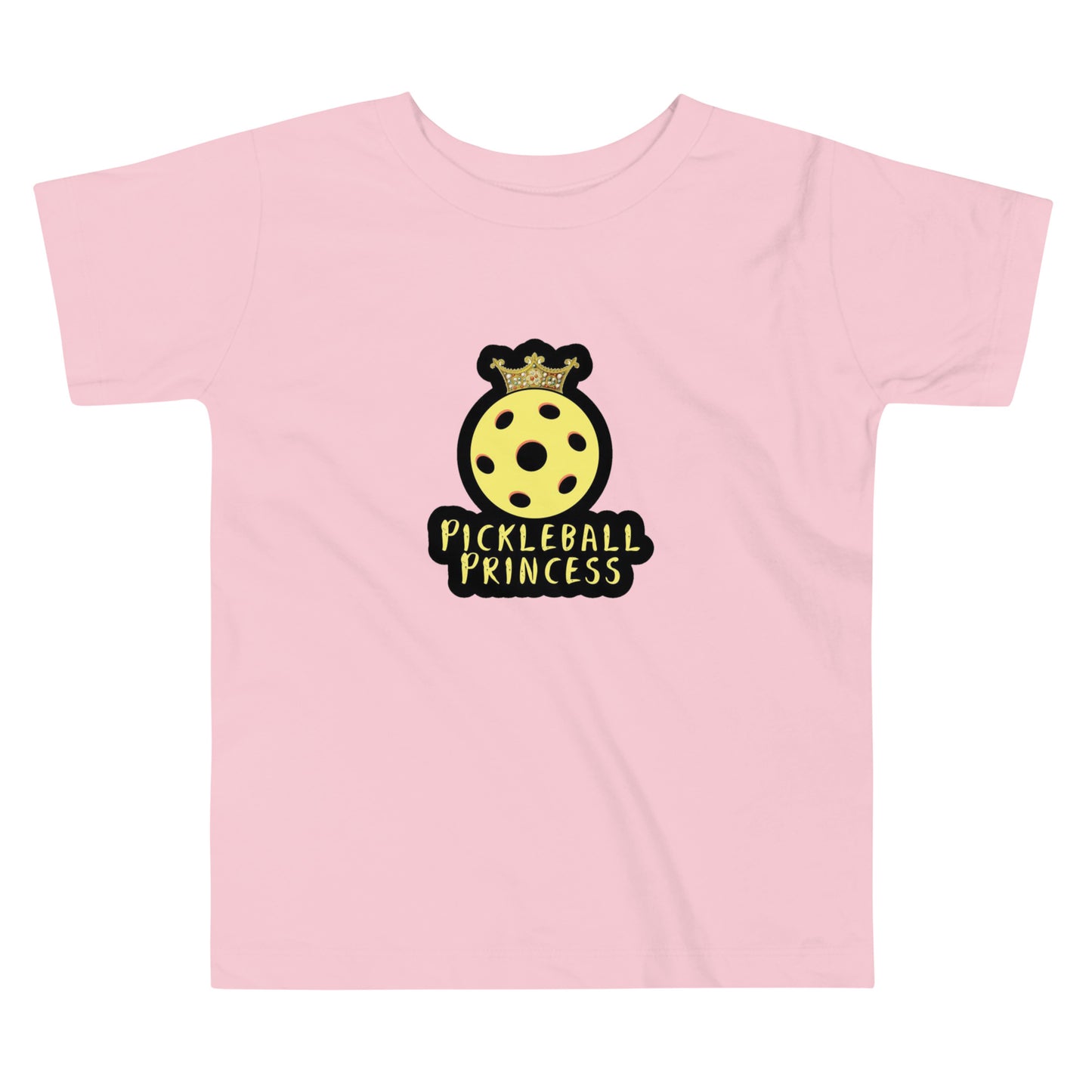 Pink toddlers t-shirt with a design featuring a yellow pickleball with a crown and the text 'Pickleball Princess