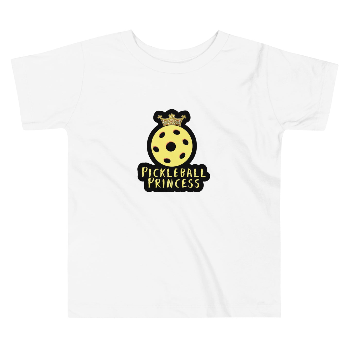 White toddlers t-shirt with a design featuring a yellow pickleball with a crown and the text 'Pickleball Princess'