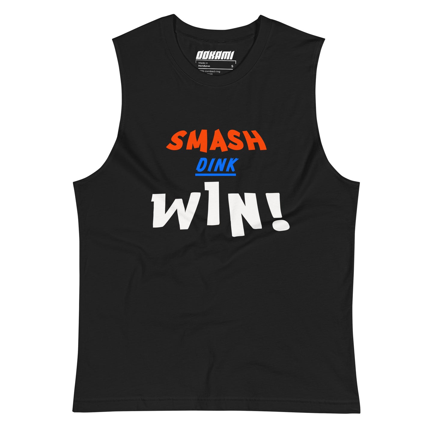 Unisex Smash Dink Win Pickleball Tank from OOKAMI SPORTS, showing bold 'SMASH,' 'DINK,' and 'WIN' text in vibrant colors.