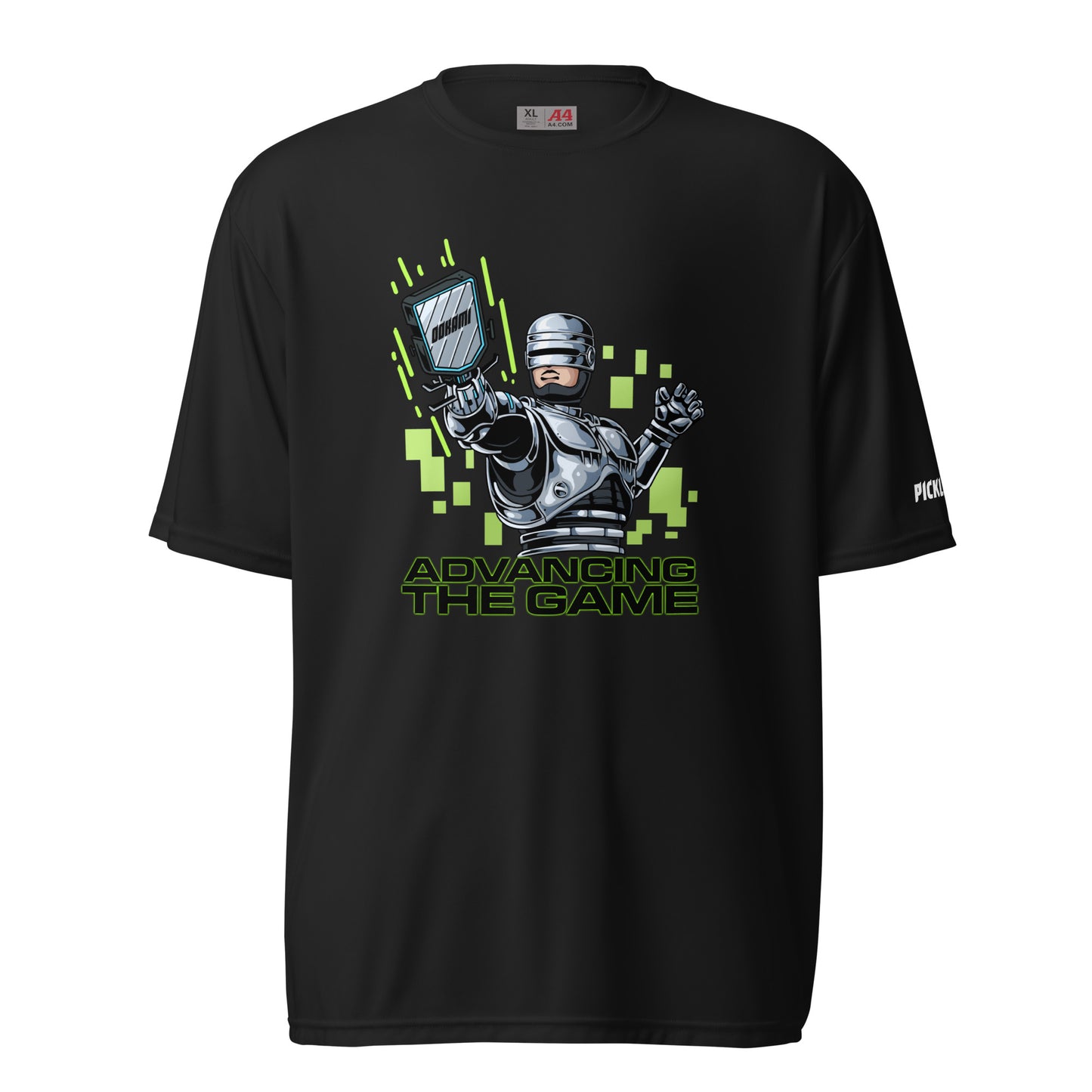 Front view of a black activewear shirt from OOKAMI SPORTS, emblazoned with a RoboCop-themed graphic and 'Advancing the Game' text, crafted for style-conscious pickleball players.