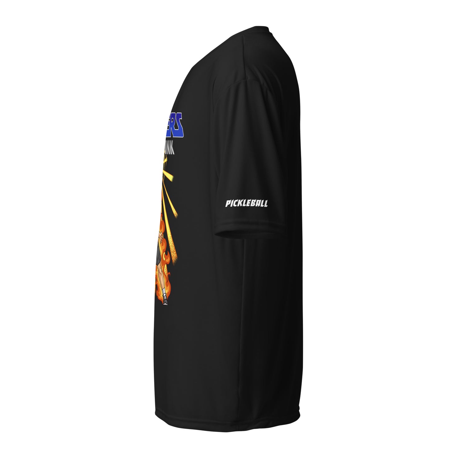 Side view of a black unisex pickleball performance shirt with 'Masters of the Dink' design by OOKAMI SPORTS.