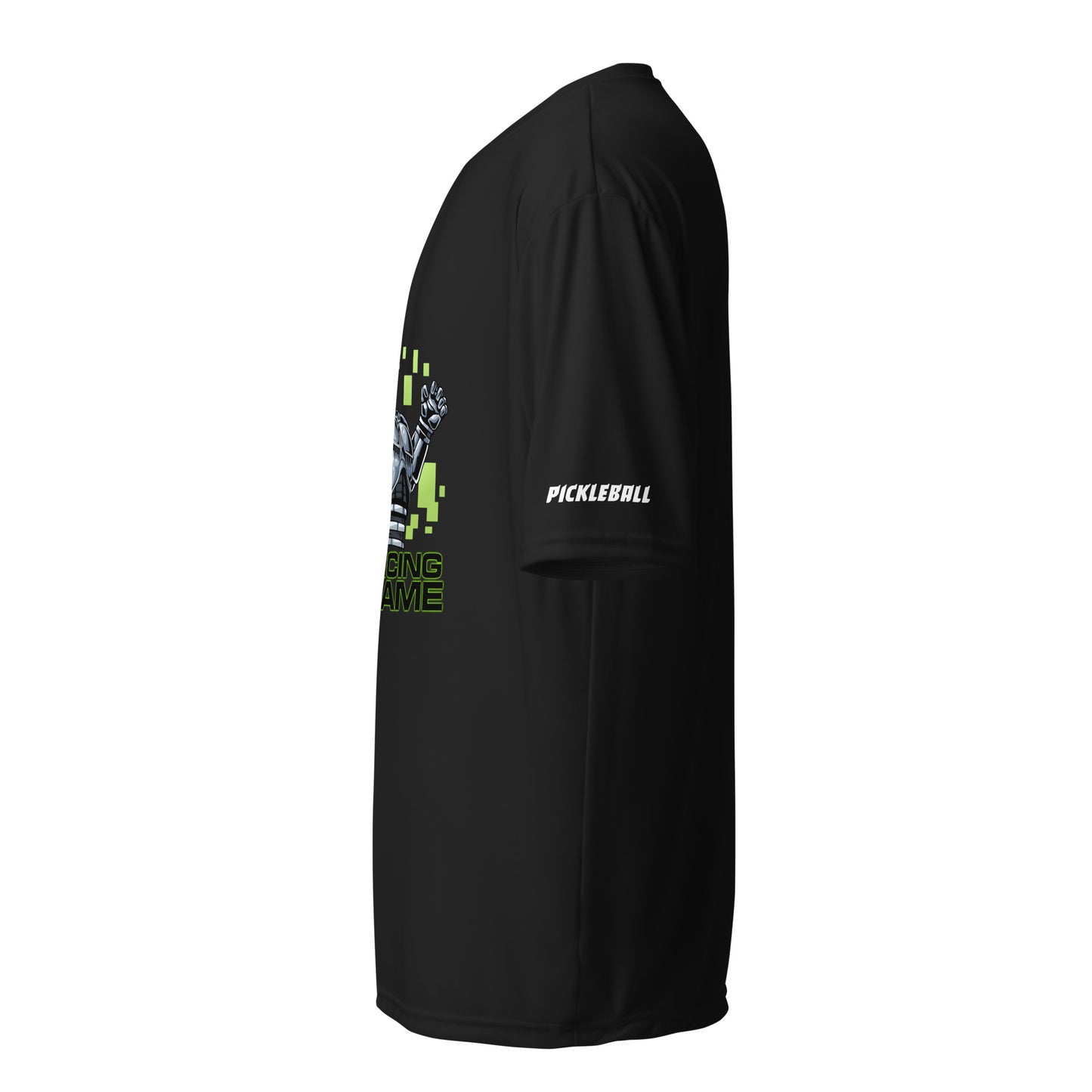 Side view of a black activewear shirt with a RoboCop-inspired design and 'PICKLEBALL' text in green, blending modern aesthetics with classic pickleball energy.