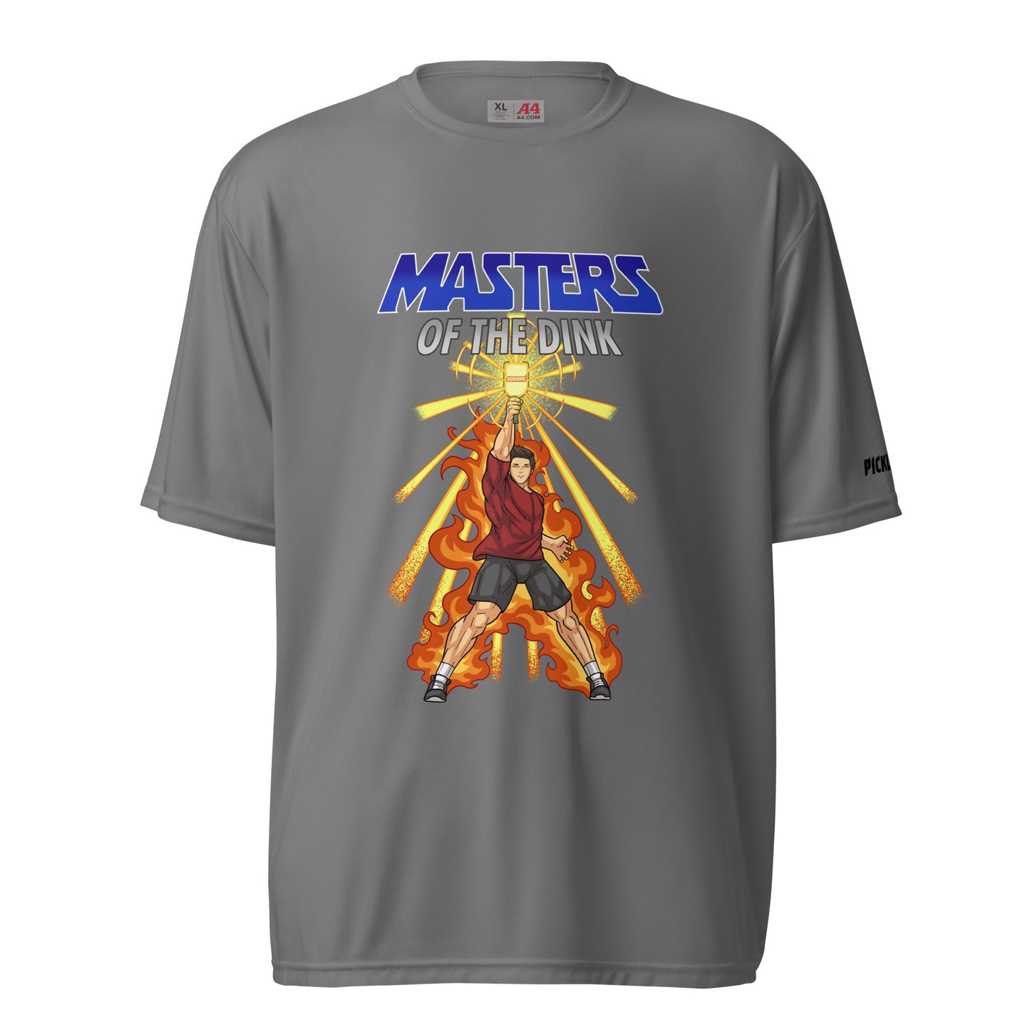 Front view of a graphite unisex pickleball performance shirt with 'Masters of the Dink' design by OOKAMI SPORTS.