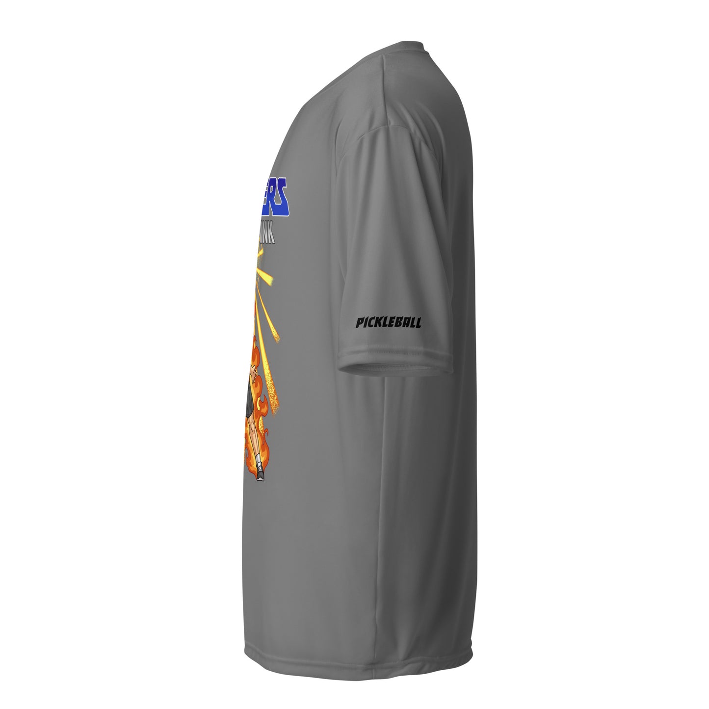 Side view of a graphite unisex pickleball performance shirt with 'Masters of the Dink' design by OOKAMI SPORTS.