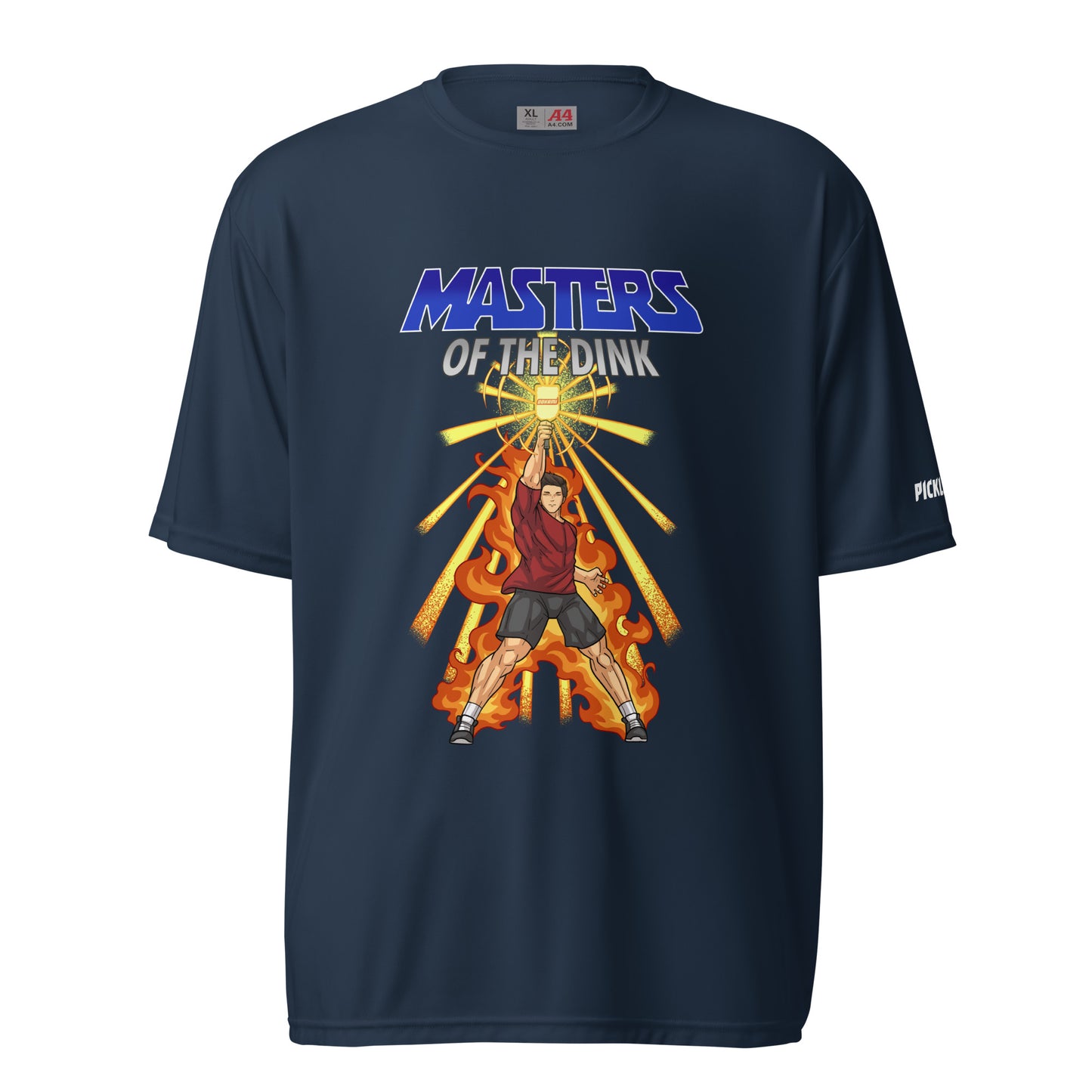Front view of a navy blue unisex pickleball performance shirt with 'Masters of the Dink' design by OOKAMI SPORTS.