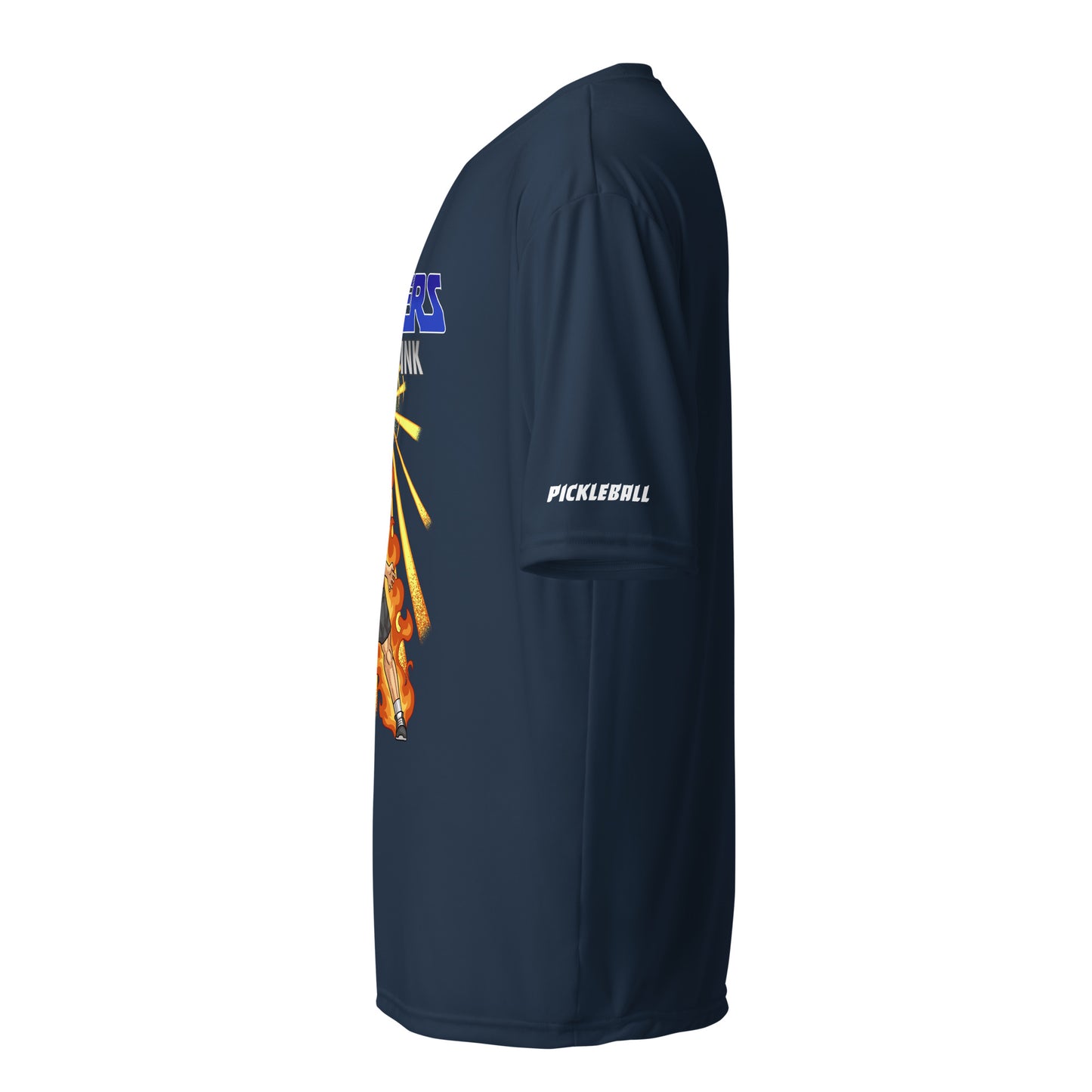 Side view of a navy blue unisex pickleball performance shirt with 'Masters of the Dink' design by OOKAMI SPORTS.