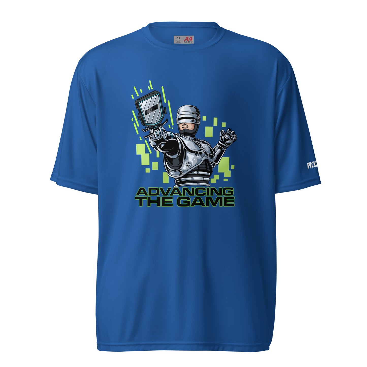 Front view of a royal blue OOKAMI SPORTS activewear shirt, featuring a detailed RoboCop graphic with 'Advancing the Game' in a vivid green pixel design.