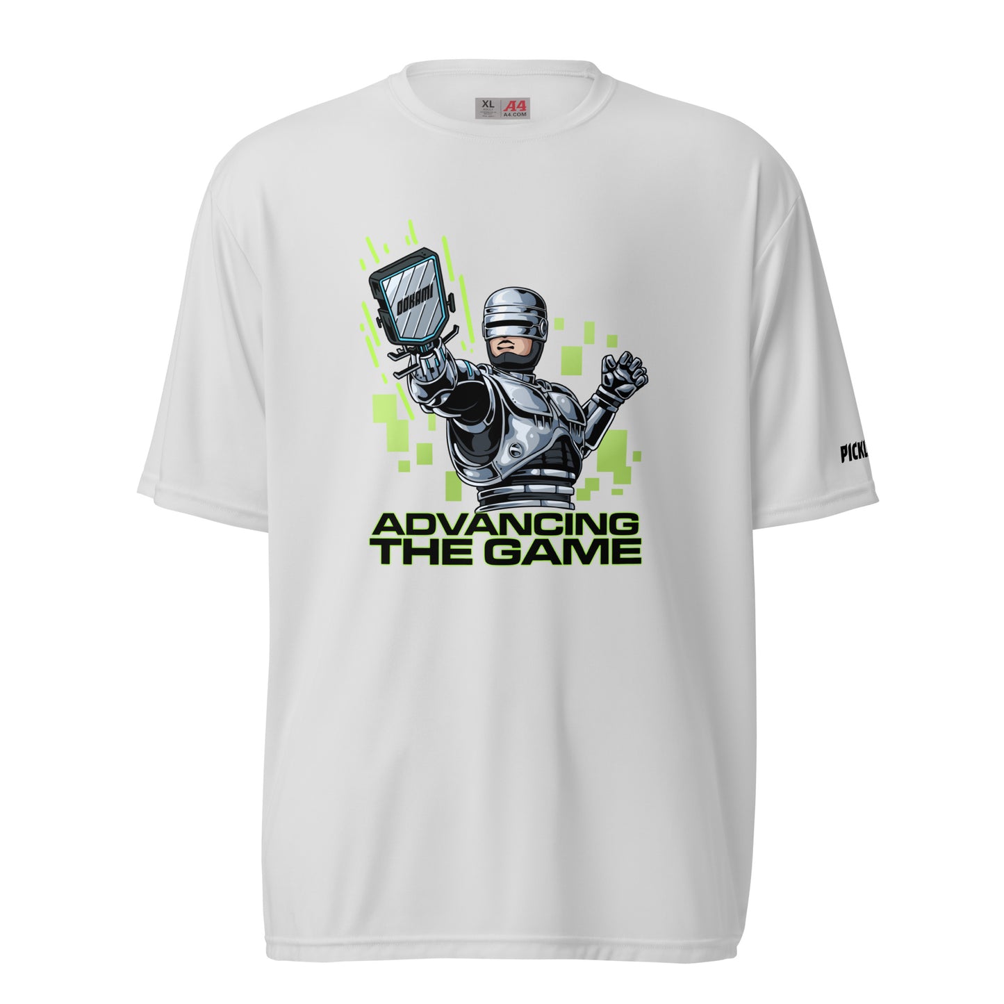 Front view of a white activewear shirt from OOKAMI SPORTS showcasing a dynamic RoboCop-themed graphic labeled 'Advancing the Game' in bright green, aimed at pickleball enthusiasts.