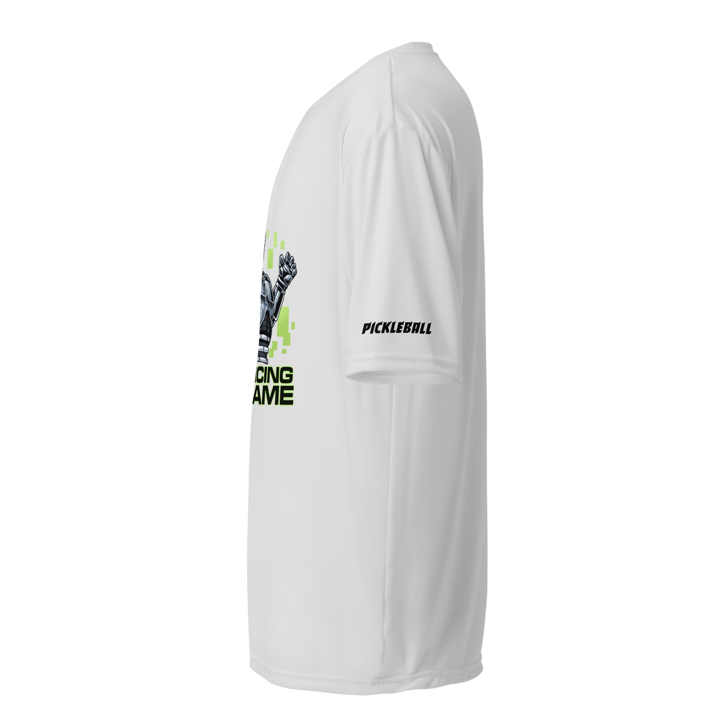 Side view of a white activewear shirt from OOKAMI SPORTS featuring a unique RoboCop-inspired graphic titled 'Advancing the Game' with a vibrant green pixel motif and 'PICKLEBALL' text on the sleeve.