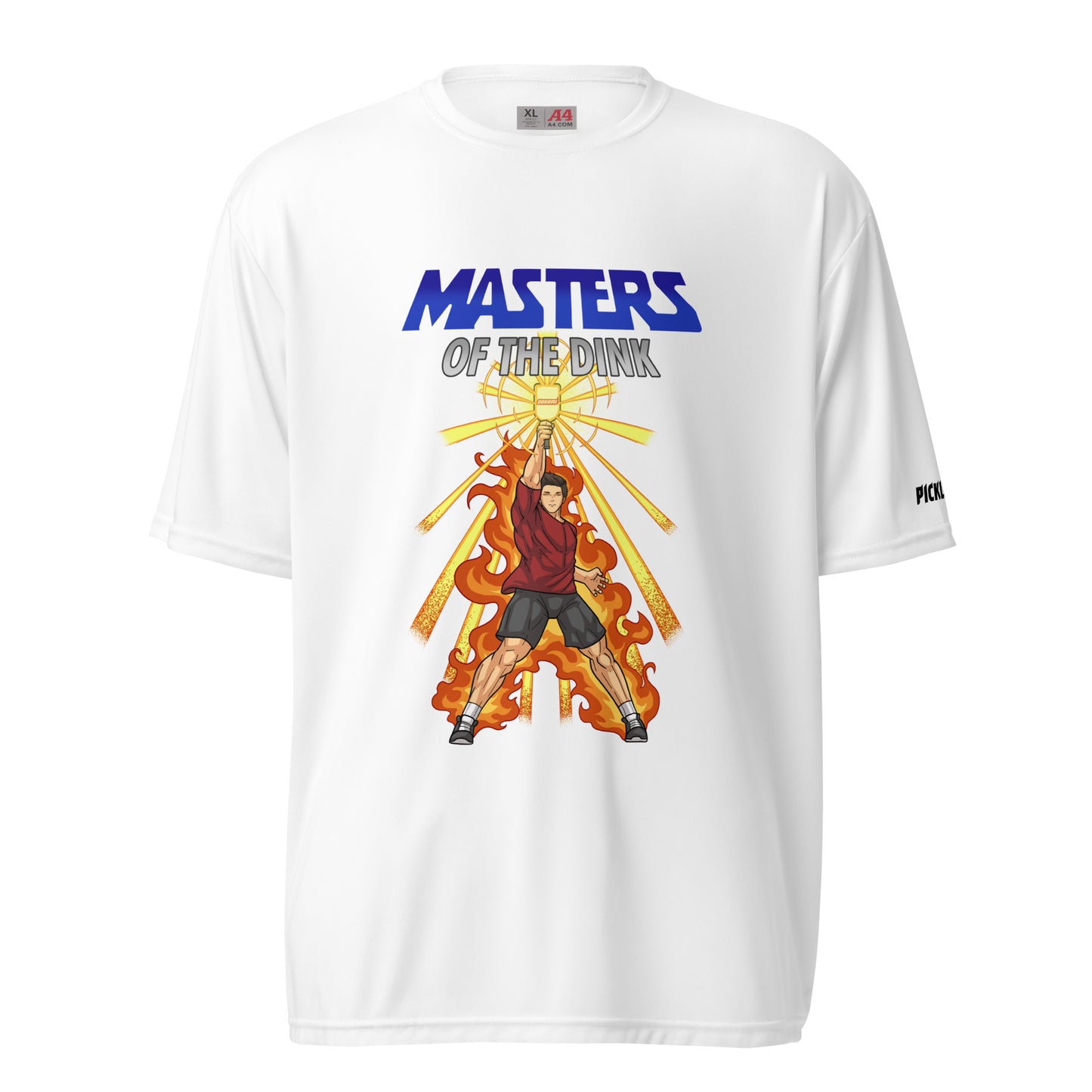 Front view of a white unisex pickleball performance shirt with 'Masters of the Dink' design by OOKAMI SPORTS.