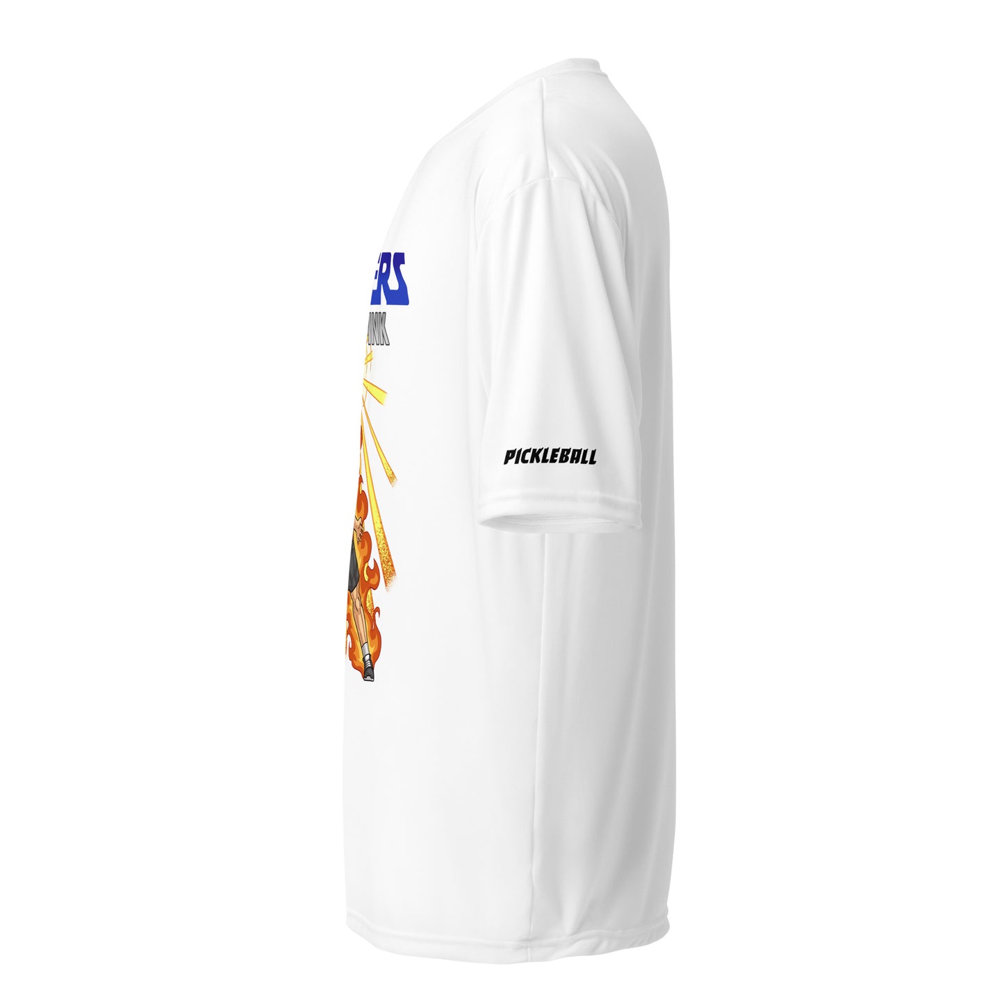 Side view of a white unisex pickleball performance shirt with 'Masters of the Dink' design by OOKAMI SPORTS.