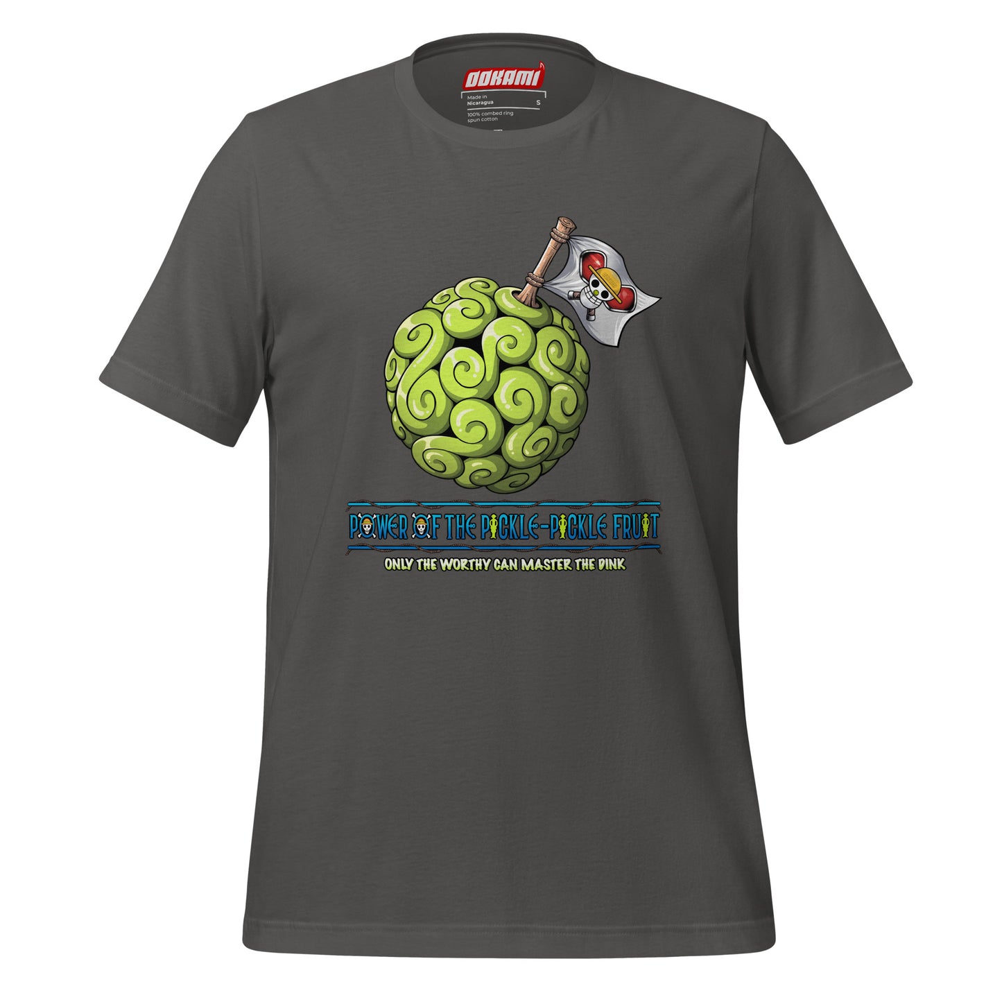 OOKAMI SPORTS Asphalt Gray Pickleball T-Shirt with bold Pickle Pickle Devil Fruit graphic, designed for pickleball players who want to master the DINK in style