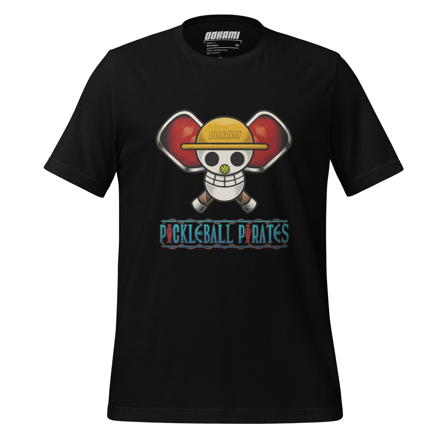 Front view of the Pickleball Pirates black t-shirt featuring a bold anime-inspired Jolly Roger graphic with pickleball paddles, combining unique design with premium comfort.