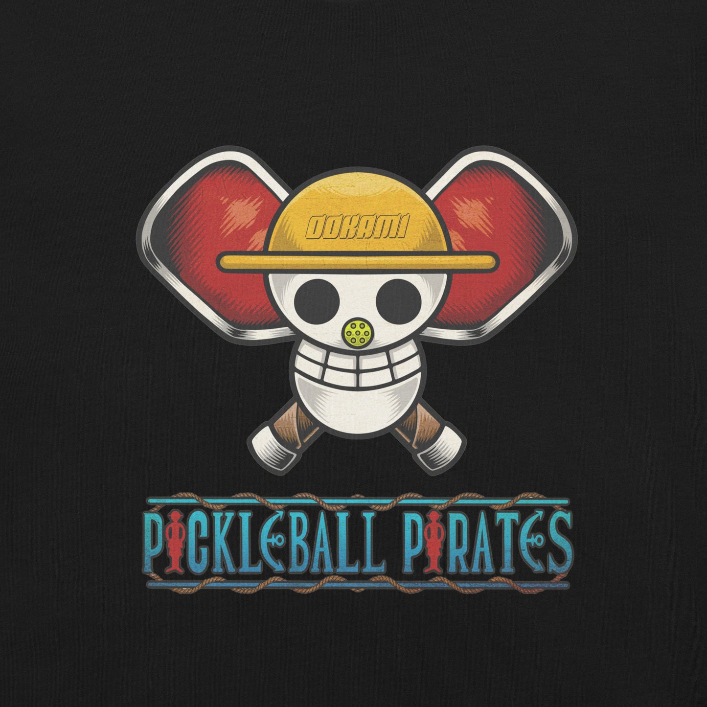 Product Close-up of the Pickleball Pirates t-shirt showcasing the detailed Jolly Roger logo with pickleball paddles, making it a must-have for anime and pickleball fans alike.