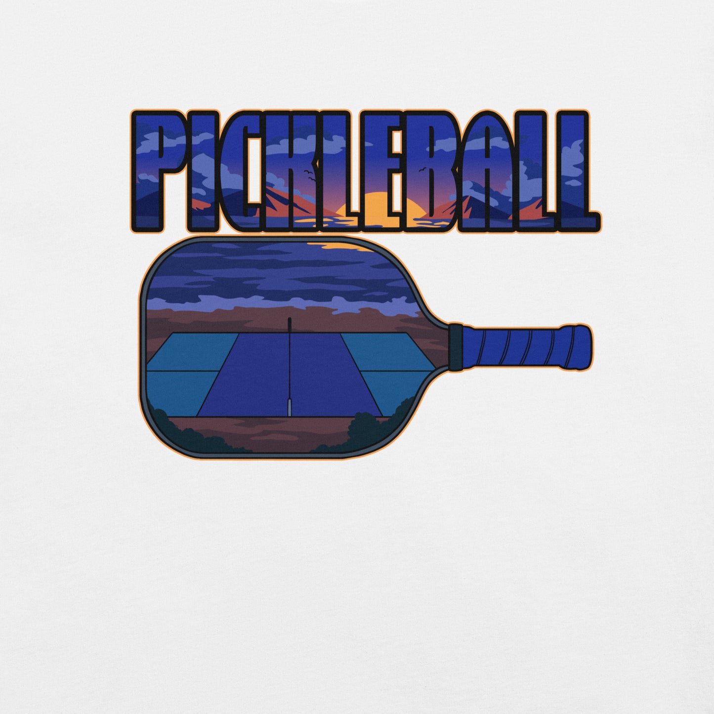 Close-up view of the sunset over a pickleball court graphic with the text 'PICKLEBALL' on the front of a white t-shirt.