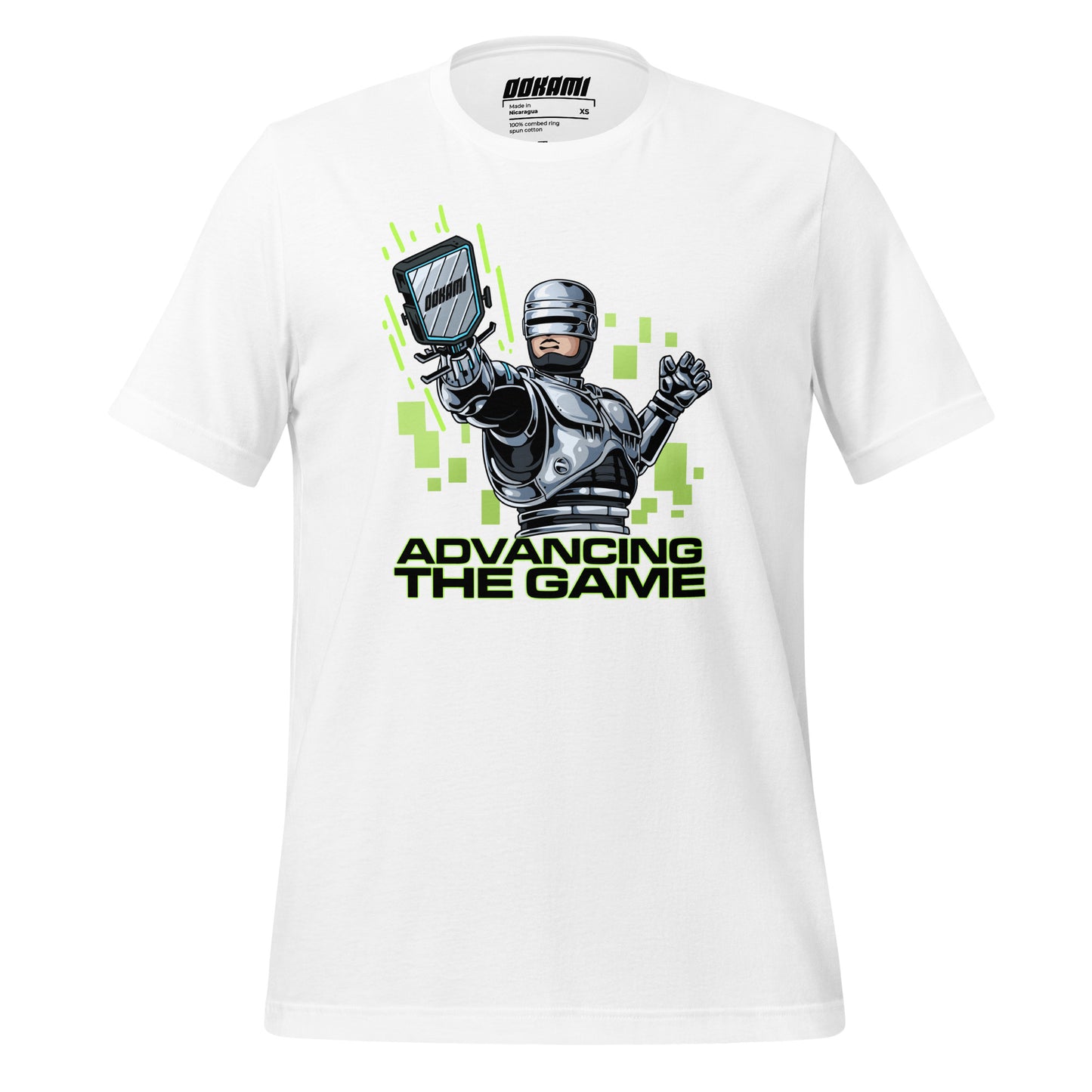 White pickleball T-shirt featuring a Robocop-inspired graphic design with neon green accents, labeled 'Advancing the Game' from OOKAMI SPORTS.