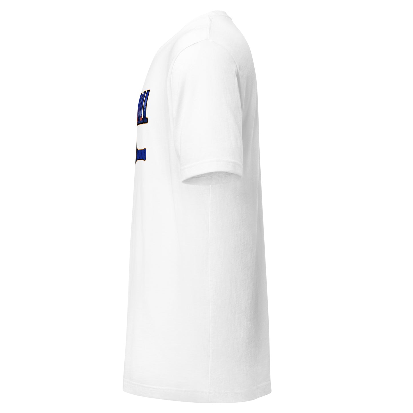 Left side view of white t-shirt showing the edge of the front graphic.