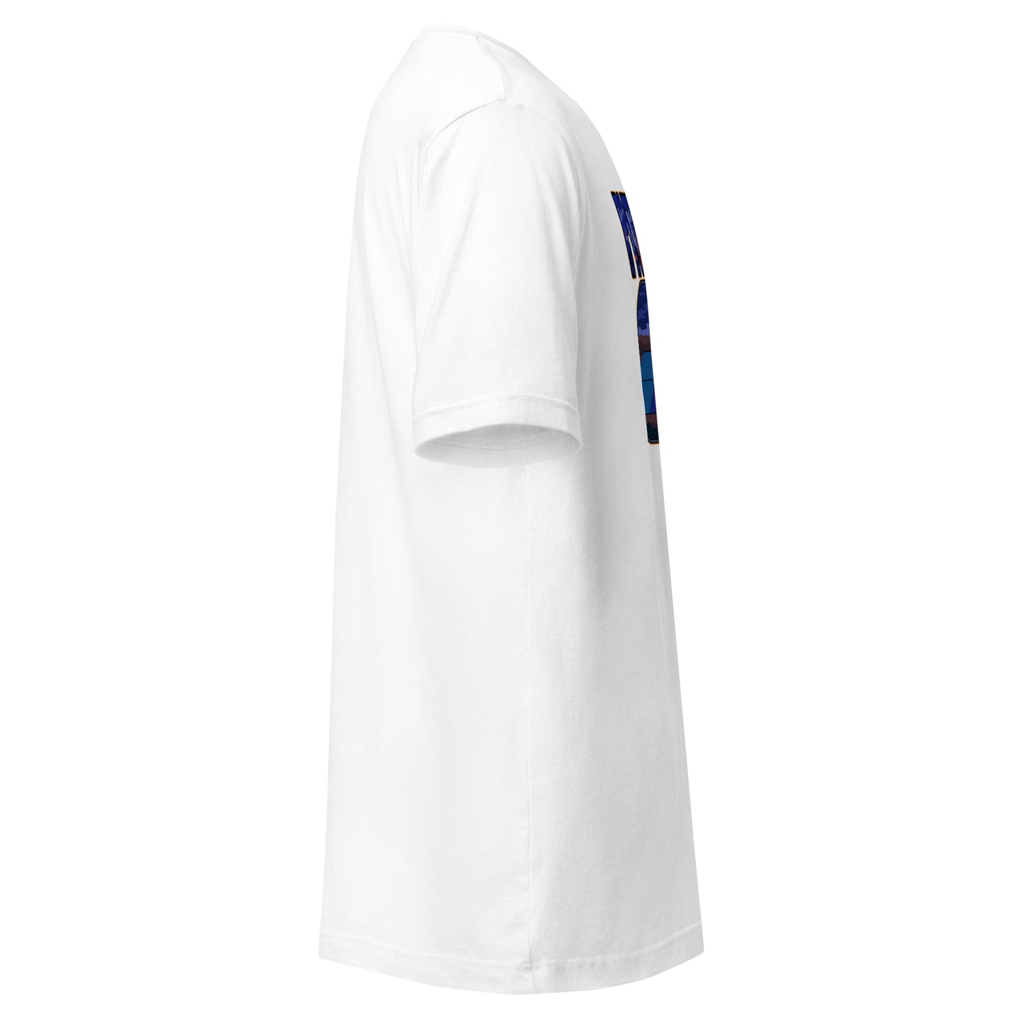 Right side view of white t-shirt showing the edge of the front graphic.