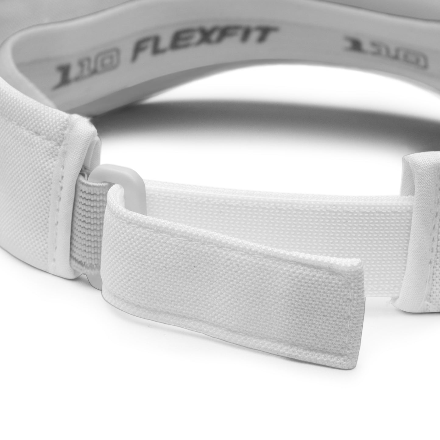 Detailed view of the FlexFit® technology on a white visor, highlighting the adjustable strap and durable stitching