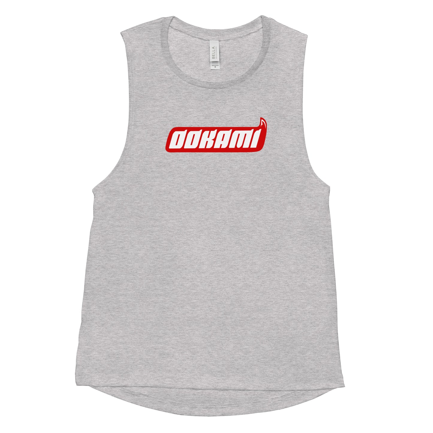 Flat lay of the OOKAMI Logo Red women's muscle tank top in athletic heather, front view
