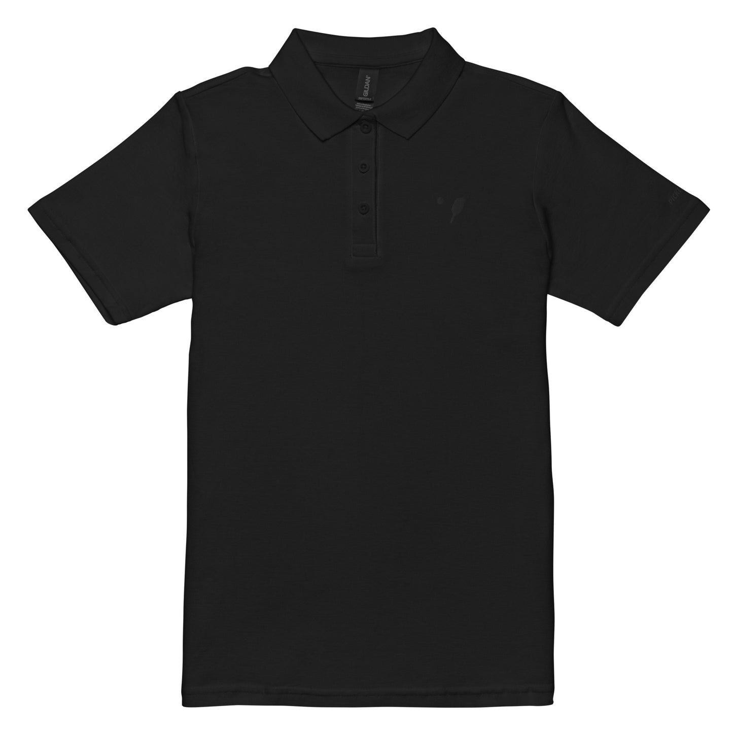 Front view of a black women's pique polo shirt with a minimalist pickleball paddle embroidered in black on the left chest, with the logo on the right sleeve, designed by OOKAMI SPORTS.