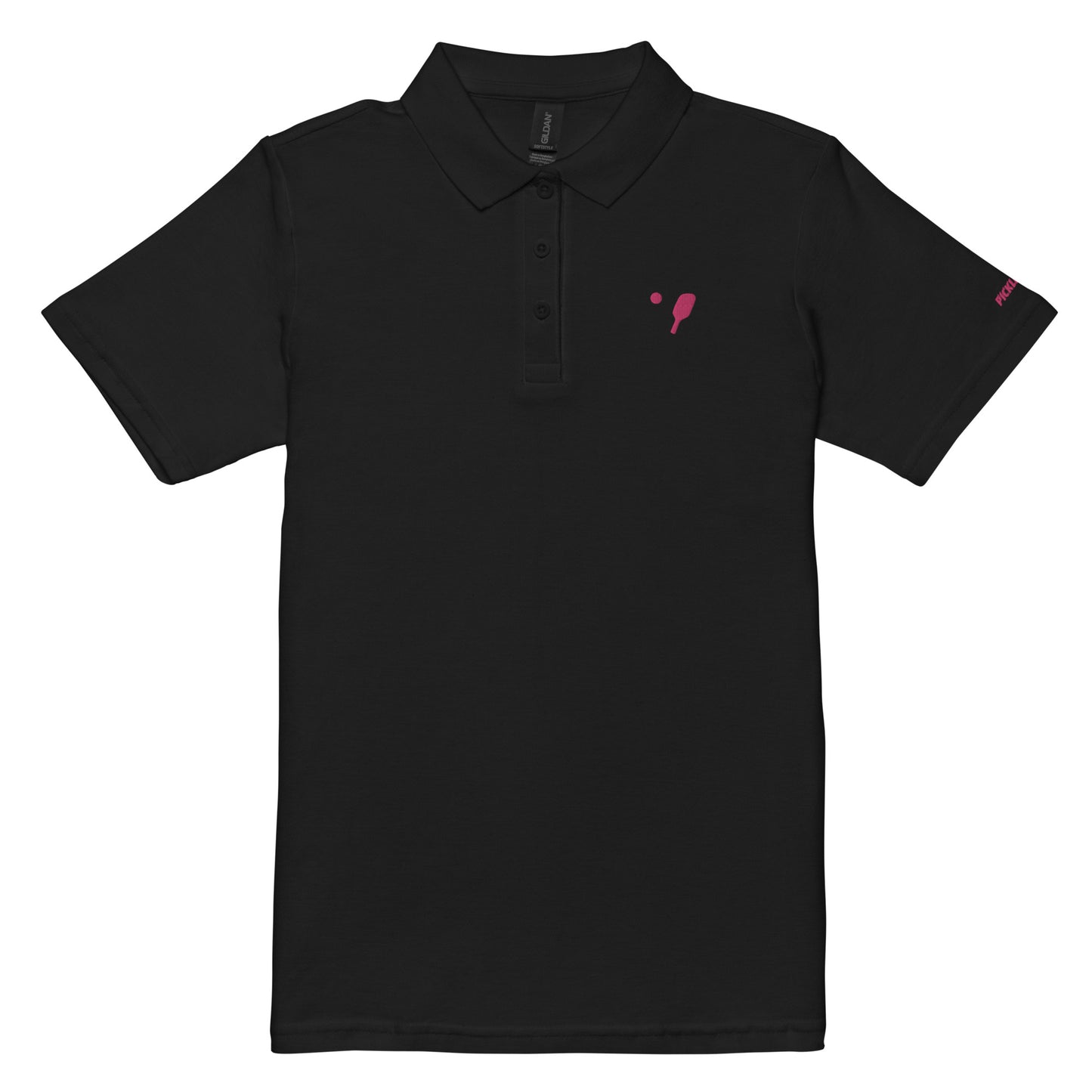 Classic black women's pickleball polo shirt with distinctive pink paddle embroidery, offering a sleek look for pickleball players.