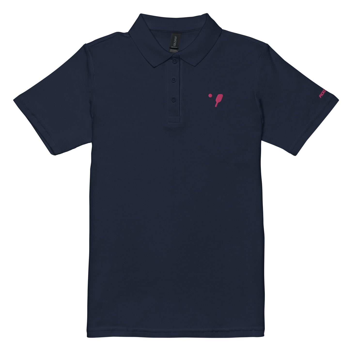 Elegant navy women's pickleball polo shirt featuring pink paddle and ball embroidery, designed for pickleball players seeking a blend of style and performance.