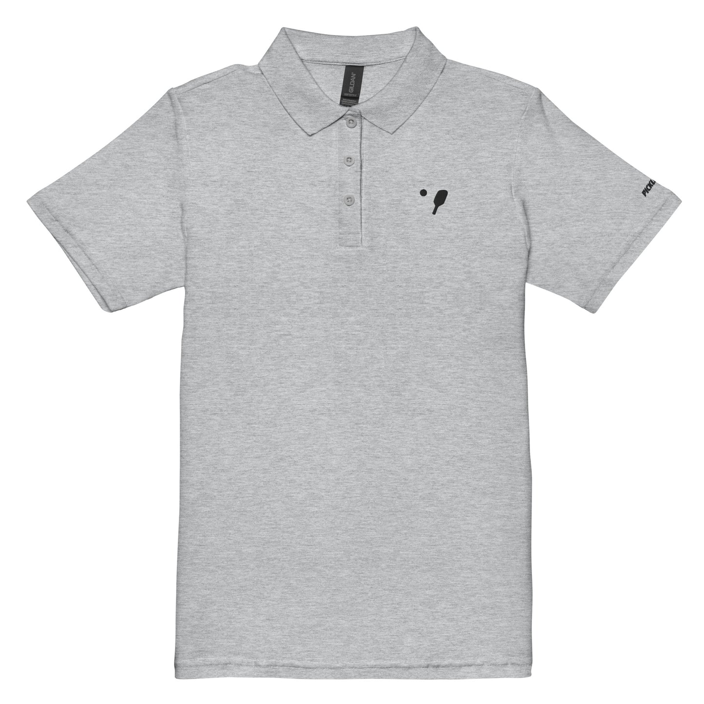 Front view of a sport grey women's pique polo shirt with a black embroidery badge depicting a pickleball paddle on the left chest and logo text on the right sleeve, crafted by OOKAMI SPORTS.
