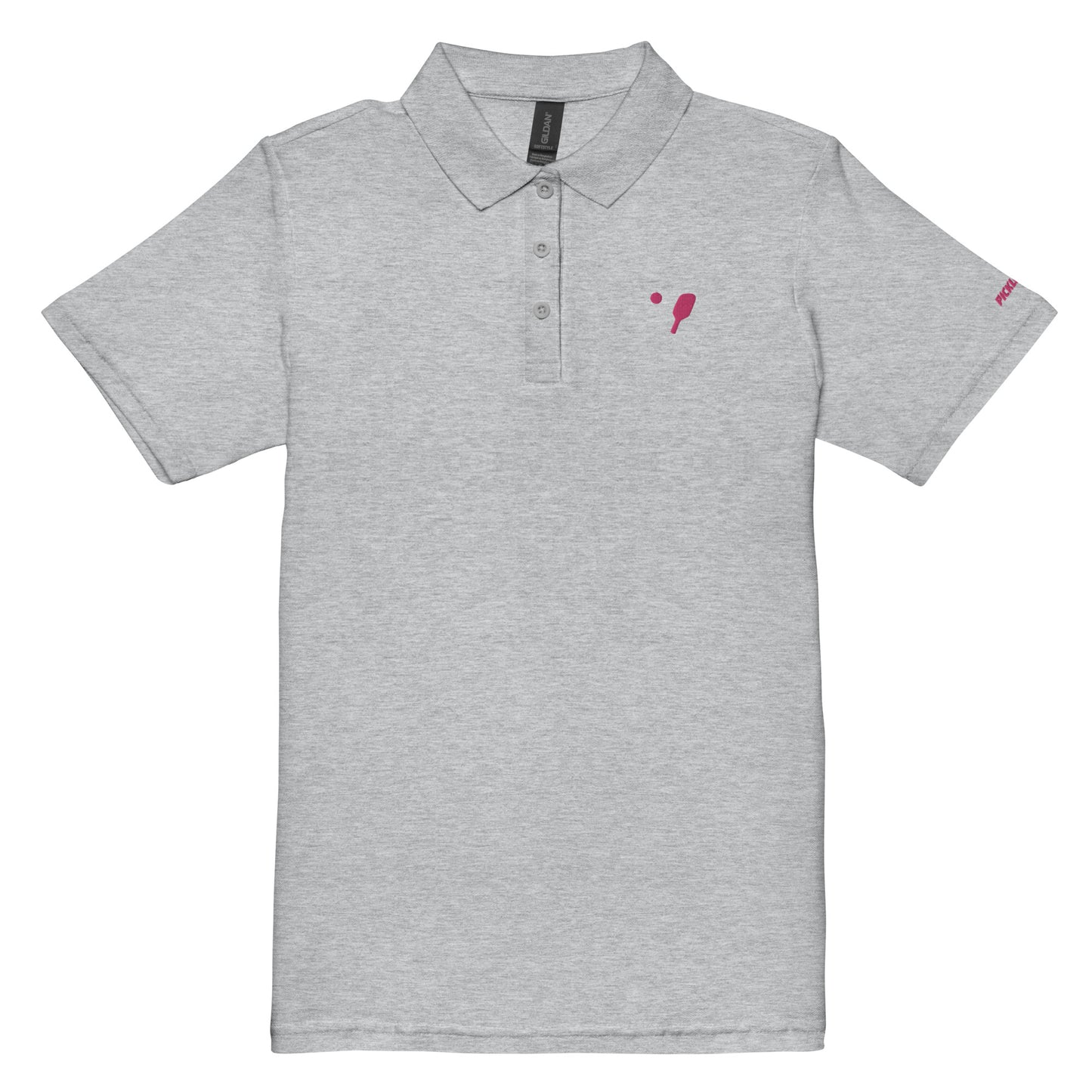Sporty grey women's pickleball polo shirt modeled to highlight the semi-fitted design and side-seamed construction, suited for both sporting and casual occasions.