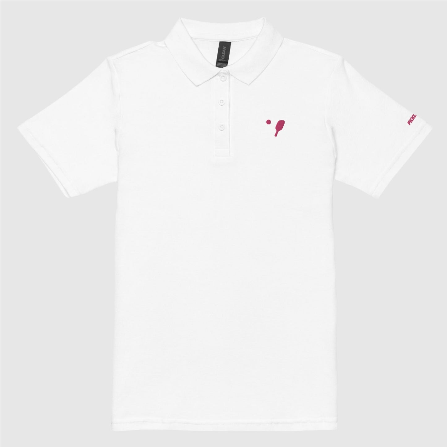 Stylish white women's pickleball polo shirt with pink pickleball paddle and ball embroidery on the left chest, tailored from 100% ring-spun cotton for comfort and durability on the court